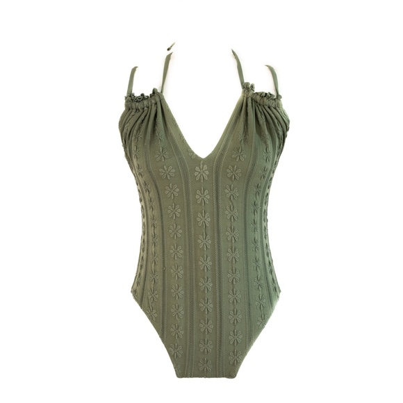 aerie Other - Aerie Deep Green Embroidered Floral Cheeky One Piece Swimsuit, Size Medium